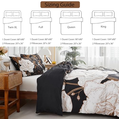 mixinni Floral Duvet Cover King Size, 3 Pieces White Flowers and Gold Leaves Printed on Black Bedding Set, Soft Premium Cotton Reversible Elegant Floral Duvet Cover Set for All Season-King Size - Image 4