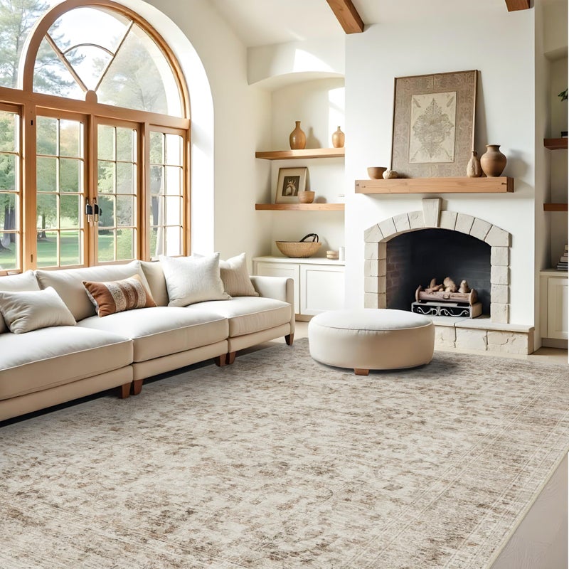 RUUGME Living Room 9x12 Area Rugs - Large Boho Rugs for Living Room Stain Resistant Carpet Vintage Tribal Rugs for Bedroom with Non Slip Backing Home Decor Floor Decoration Mat 9x12 Beige/Brown - Image 1
