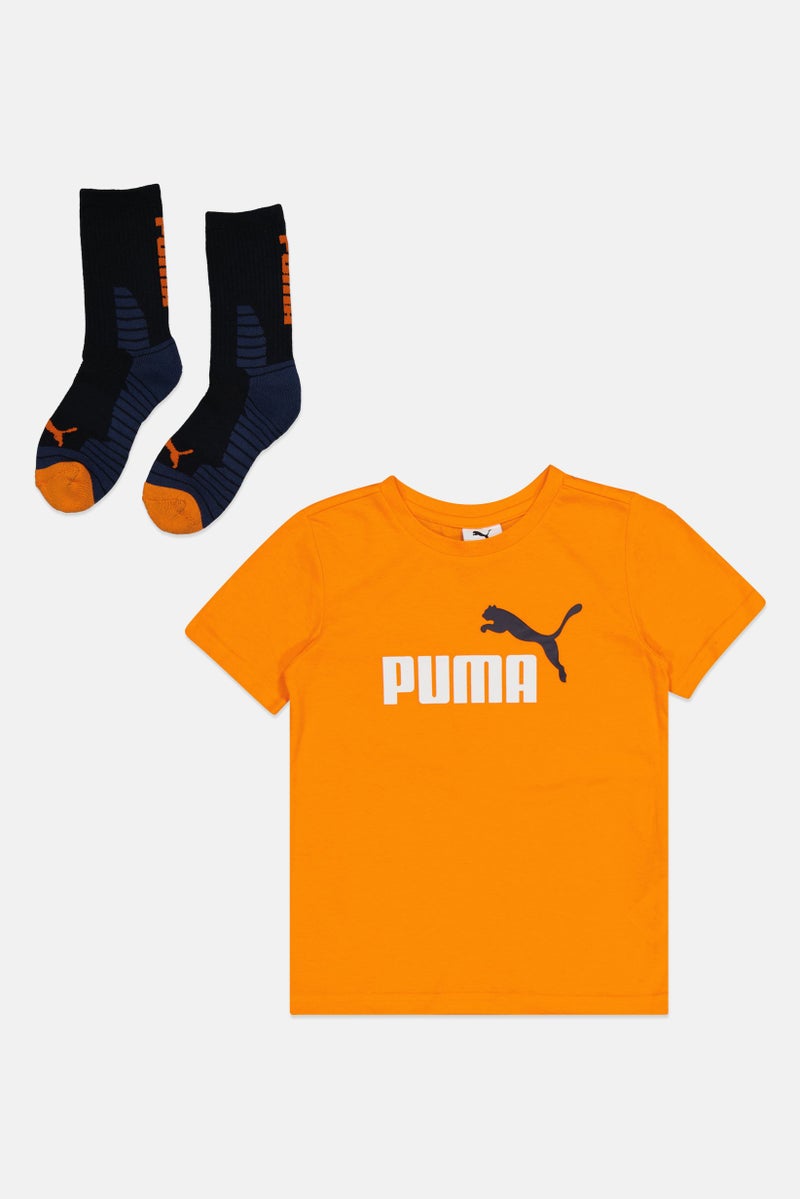 PUMA Kids Girl 2 Piece Brand Logo Short Sleeve T-Shirt And Socks Set, Orange - Image 1