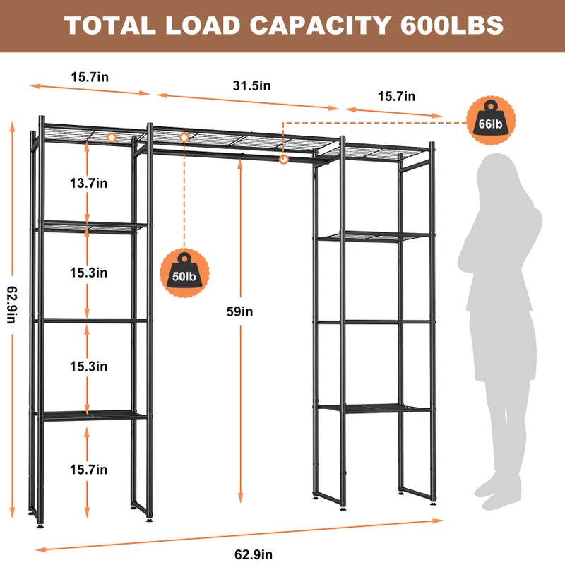 Neprock Portable Closet Wardrobe, Metal Clothing Rack with 8 Shelves & 1 Hang Rod, Free Standing Closet Rack for Hanging Clothes Closet Organizers and Storage, 63"*63"*12", Black - Image 5