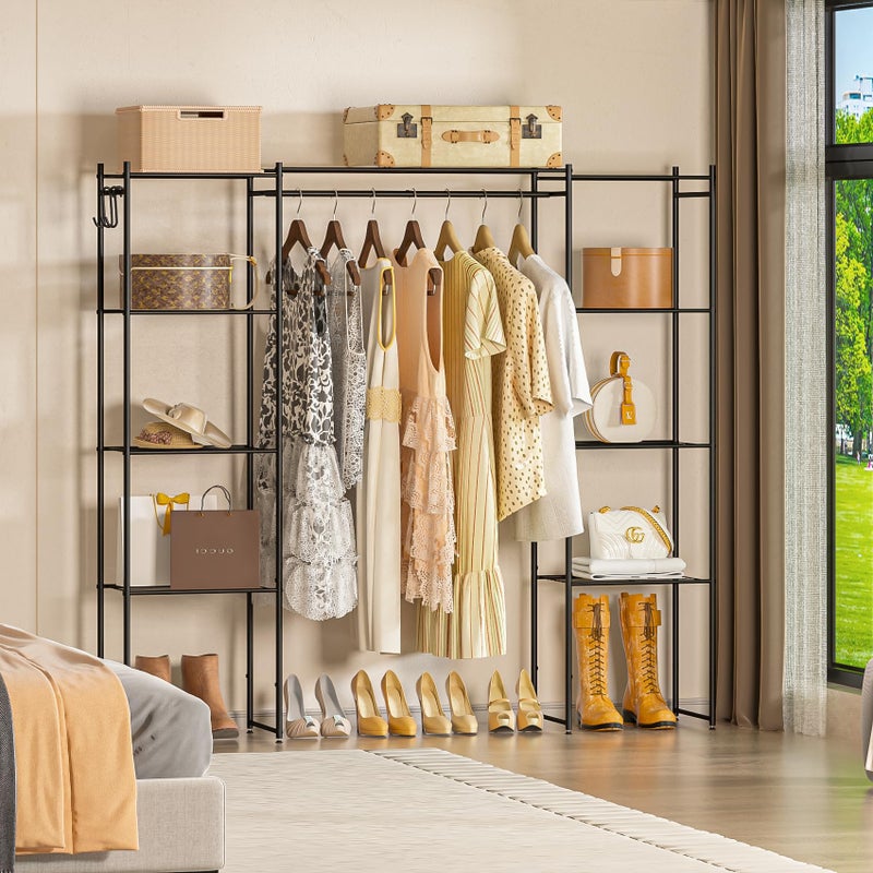 Neprock Portable Closet Wardrobe, Metal Clothing Rack with 8 Shelves & 1 Hang Rod, Free Standing Closet Rack for Hanging Clothes Closet Organizers and Storage, 63"*63"*12", Black - Image 3