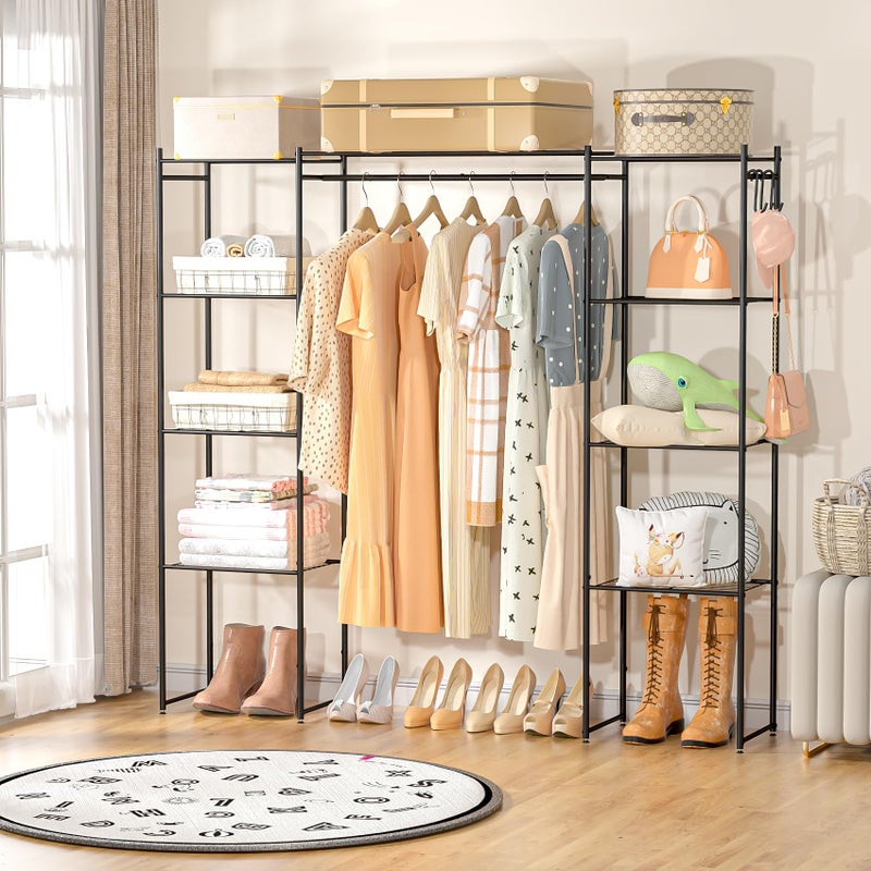 Neprock Portable Closet Wardrobe, Metal Clothing Rack with 8 Shelves & 1 Hang Rod, Free Standing Closet Rack for Hanging Clothes Closet Organizers and Storage, 63"*63"*12", Black - Image 2