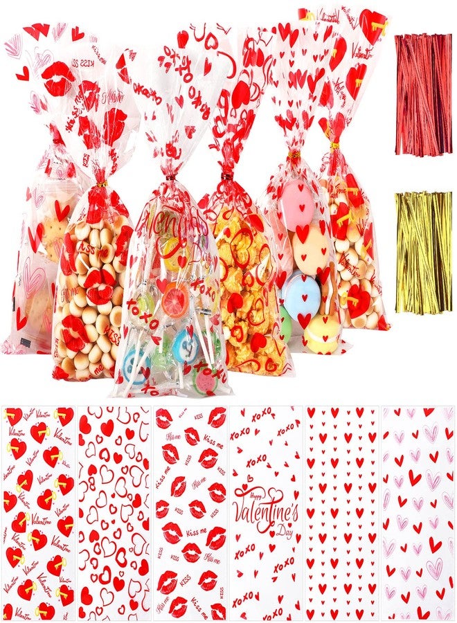 JULBEAR Valentines Cellophane Bags,180Pcs Valentine's Day Treat Bags with 200Pcs Twist Ties, Clear Valentine Treat Candy Bags for Kids, Valentine's Goodie Bags for Valentines Party Favors Supplies (6 - Image 1