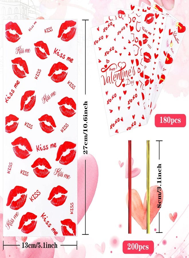 JULBEAR Valentines Cellophane Bags,180Pcs Valentine's Day Treat Bags with 200Pcs Twist Ties, Clear Valentine Treat Candy Bags for Kids, Valentine's Goodie Bags for Valentines Party Favors Supplies (6 - Image 2