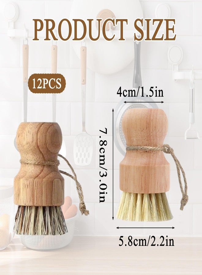 MOSIOBERDAVIAN 12 Pcs Bamboo Dish Brush Set, Palm Wooden and Sisal Bristles Dish Scrubber, Dish Brushes with Lanyard, Durable Wood Dishes Scrub, Natural Round Vegetable Cleaning Pots Pans Sink Washing Kitchen Brush - Image 2