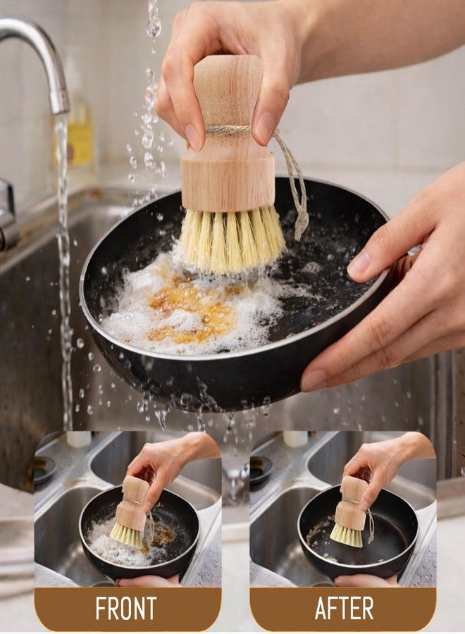 MOSIOBERDAVIAN 12 Pcs Bamboo Dish Brush Set, Palm Wooden and Sisal Bristles Dish Scrubber, Dish Brushes with Lanyard, Durable Wood Dishes Scrub, Natural Round Vegetable Cleaning Pots Pans Sink Washing Kitchen Brush - Image 4