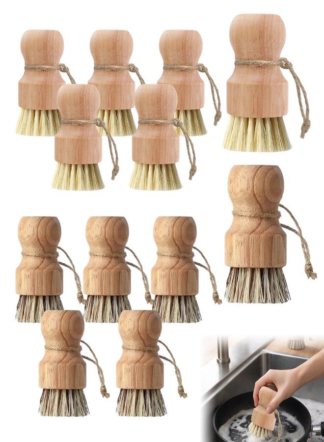 MOSIOBERDAVIAN 12 Pcs Bamboo Dish Brush Set, Palm Wooden and Sisal Bristles Dish Scrubber, Dish Brushes with Lanyard, Durable Wood Dishes Scrub, Natural Round Vegetable Cleaning Pots Pans Sink Washing Kitchen Brush - Image 1