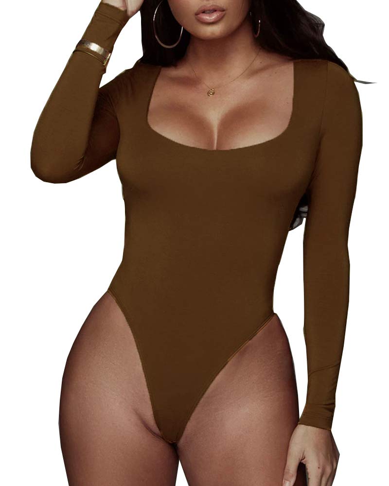 BelleLovin Women's Square Neck Long Sleeve T-shirt Basic Bodysuit Jumpsuits (Brown, Large) - Image 4