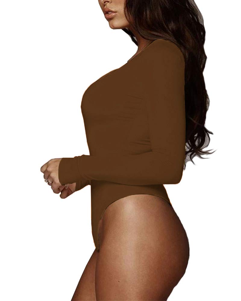 BelleLovin Women's Square Neck Long Sleeve T-shirt Basic Bodysuit Jumpsuits (Brown, Large) - Image 3