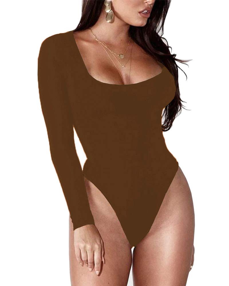 BelleLovin Women's Square Neck Long Sleeve T-shirt Basic Bodysuit Jumpsuits (Brown, Large) - Image 2