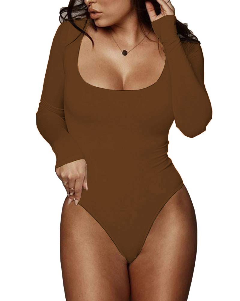 BelleLovin Women's Square Neck Long Sleeve T-shirt Basic Bodysuit Jumpsuits (Brown, Large) - Image 5
