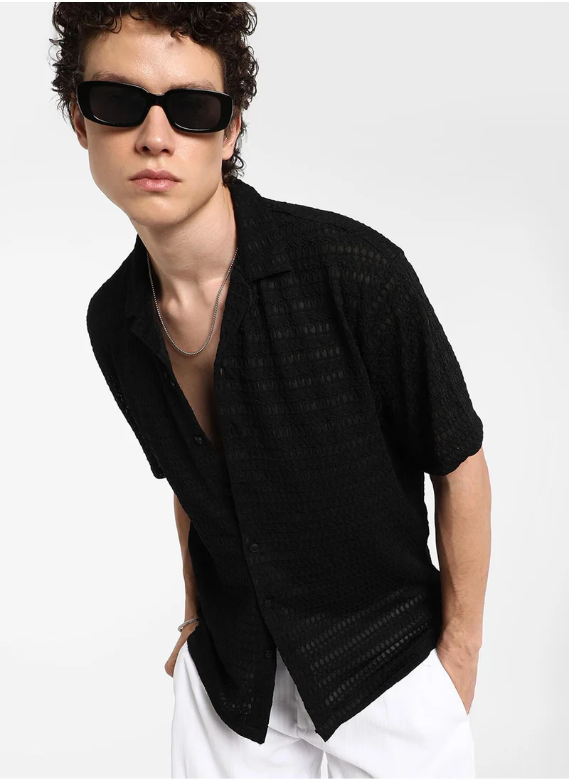 Campus Sutra Men's Midnight Black Marquise Knit Shirt