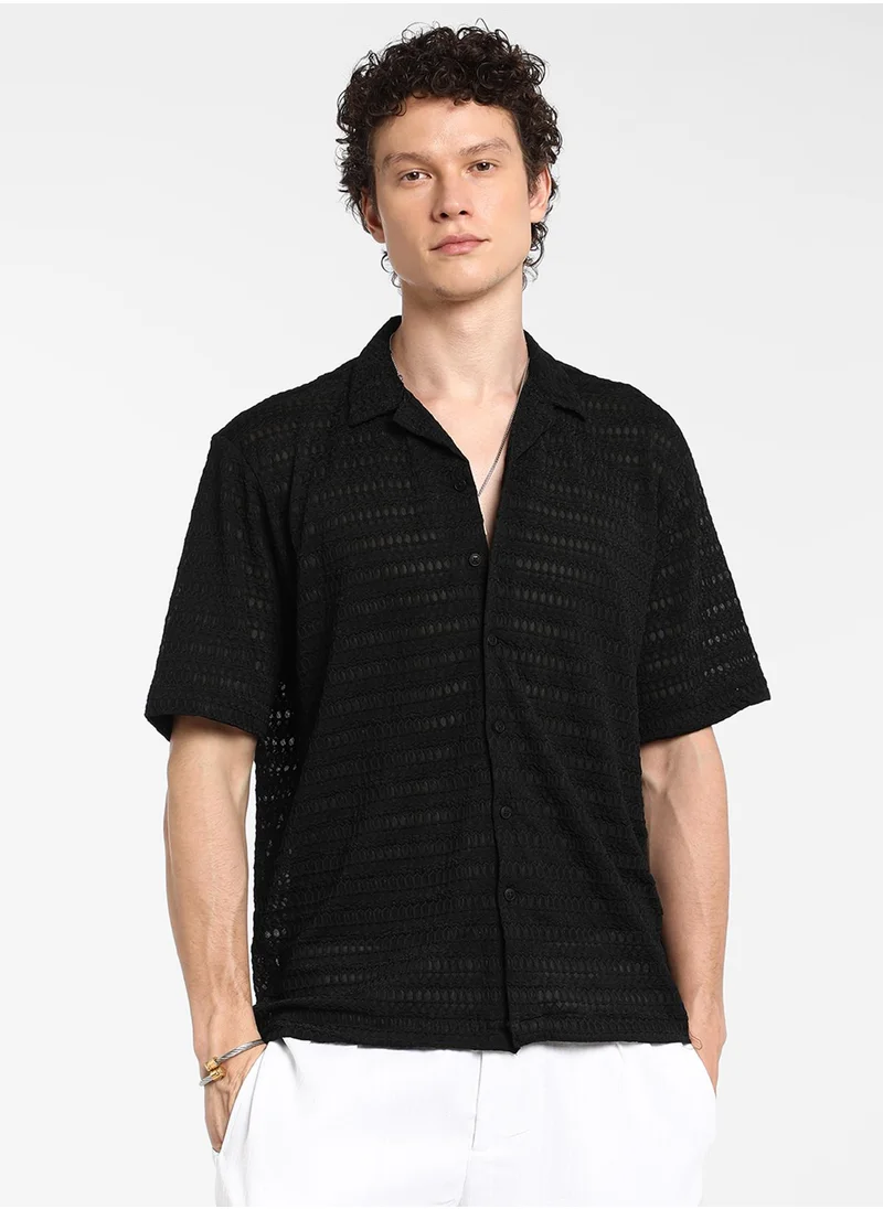 Campus Sutra Men's Midnight Black Marquise Knit Shirt
