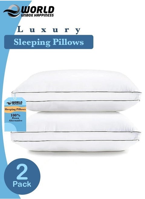 Set of 2 Premium Down Alternative Filled Bed Pillows in White with Breathable Cover, Double Piping, and Plush Bounce-Back Design