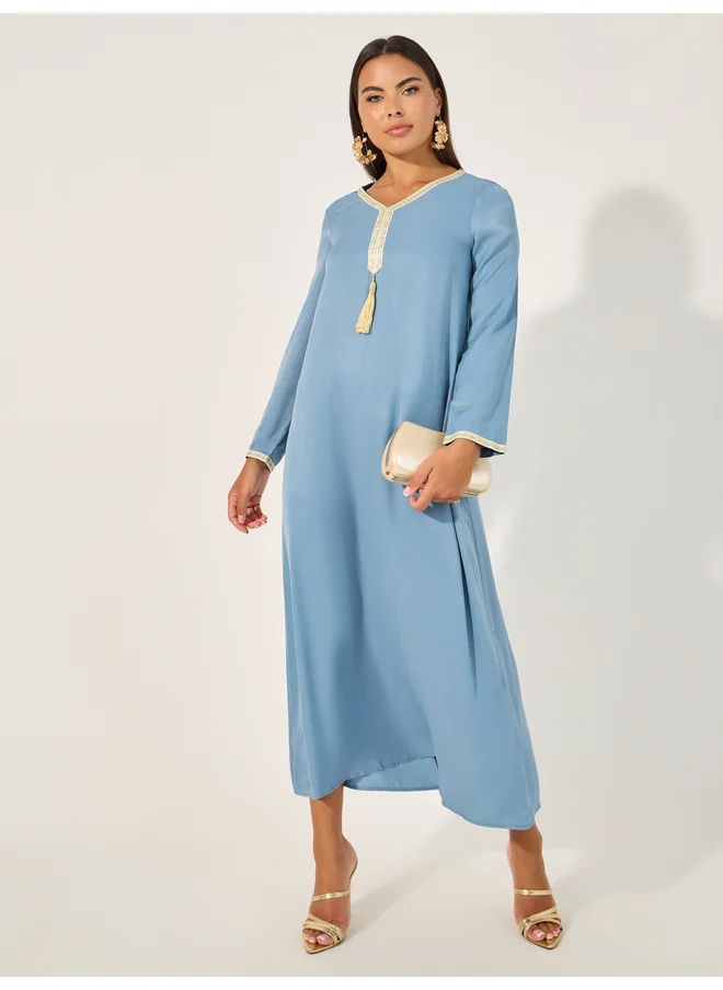 Take Two Take Two Lace Detail Tasseled V-Neck A-Line Jalabyia
