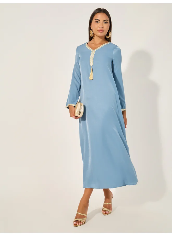 Take Two Take Two Lace Detail Tasseled V-Neck A-Line Jalabyia