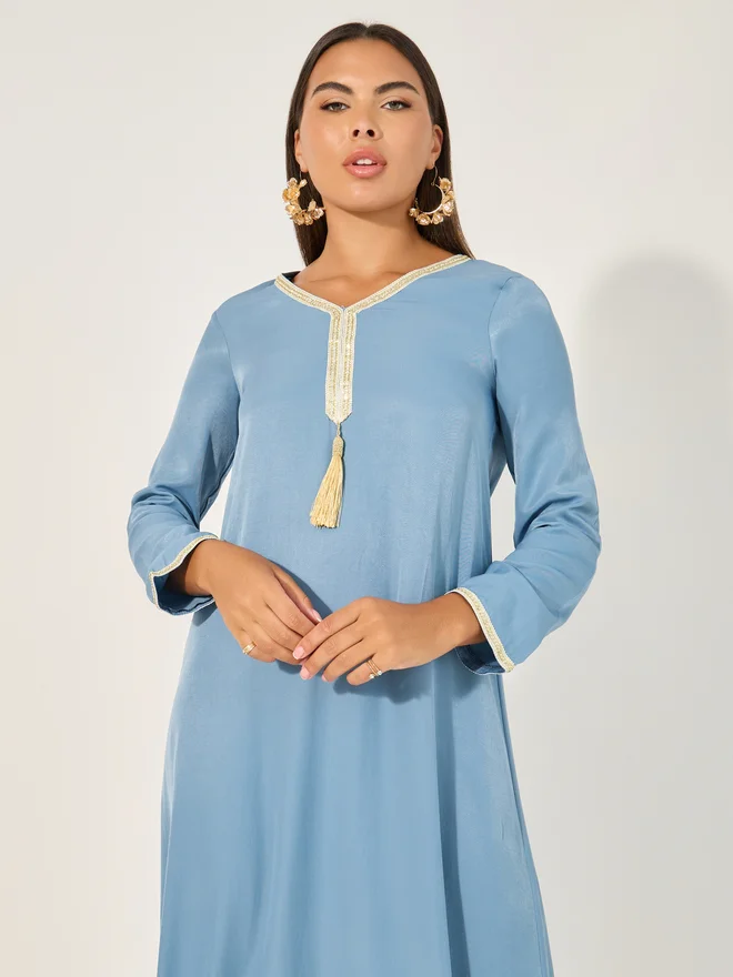 Take Two Take Two Lace Detail Tasseled V-Neck A-Line Jalabyia