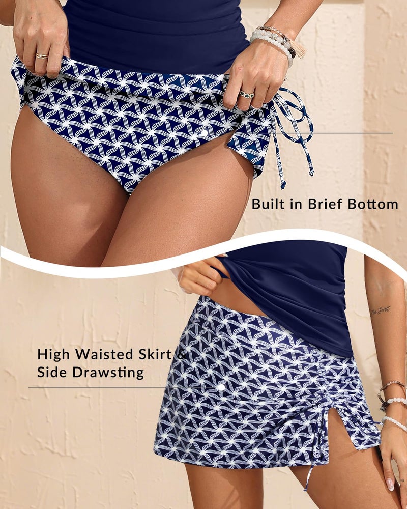 Yonique 2 Piece Swimsuits for Women Halter Tankini Top with Skirt Bottom Tummy Control Bathing Suit Navy Blue Geometric XL - Image 5