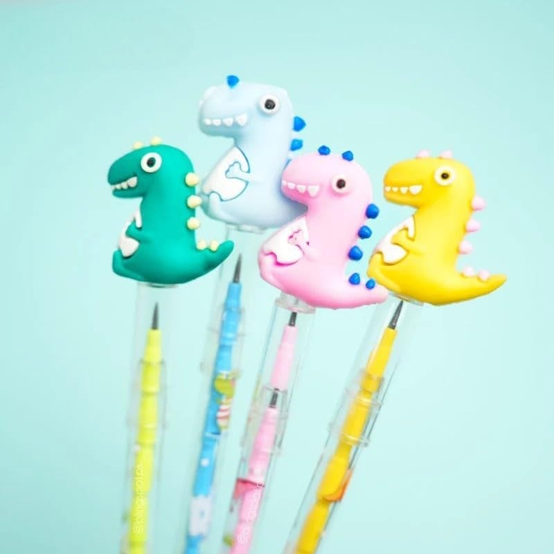 SHAKTISM Unicorn, Push-up Mechanical Pencils Set with Character Toppers, Non - Sharpening Stacking Pencil - 8 Pieces, Multicolour (Dino 8Pc) - Image 2