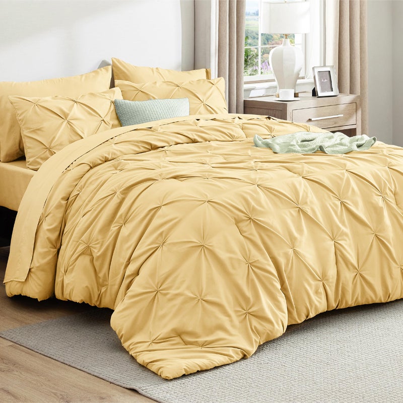 Bedsure Queen Comforter Set Yellow Bed in a Bag Queen 7 Pieces Pintuck Bedding Sets Gift for Christmas Pinch Pleat Bed Set with Queen Size Comforter Sheets Pillowcases Shams