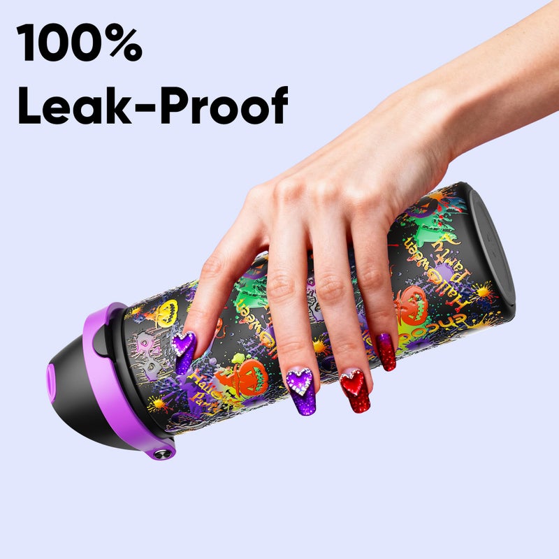 ENCOOL Insulated Water Bottle with Straw - Encool Stainless Steel Water Bottle with Push Button Lid, Leak-Proof & BPA-Free, Keeps Cold for 24 Hours for Sports, Travel, Gym (24 oz, Ghost Party) - Image 5