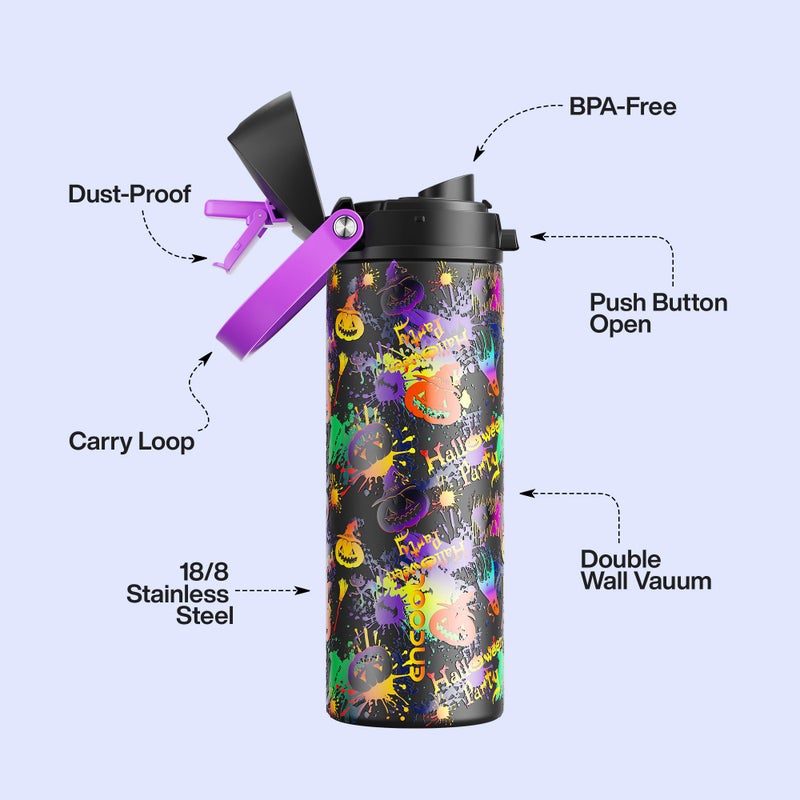 ENCOOL Insulated Water Bottle with Straw - Encool Stainless Steel Water Bottle with Push Button Lid, Leak-Proof & BPA-Free, Keeps Cold for 24 Hours for Sports, Travel, Gym (24 oz, Ghost Party) - Image 3