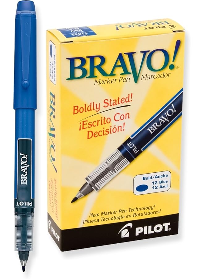 PILOT Bravo Liquid Ink Marker Pens Bold Point Blue Ink 12 Pack 11035  - Image 1