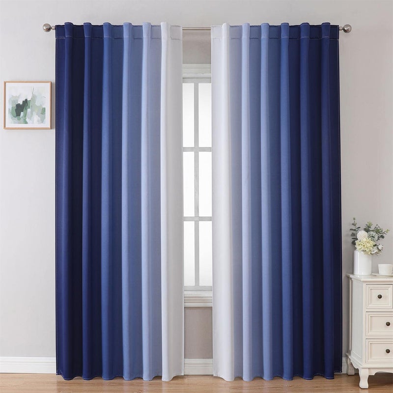 MIUCO Blackout Curtains  Drapes for Bedroom Living Room 63 Inch Length Navy Blue and White Room Darkening Ombre Curtains Rod Pocket  Back Tab Curtains Thermal Insulated Light Blocking 2 Panels Set