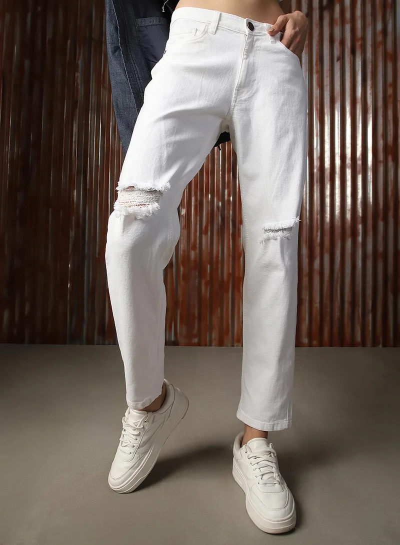 HIGH STAR Women's White 100% Cotton Distressed Jeans