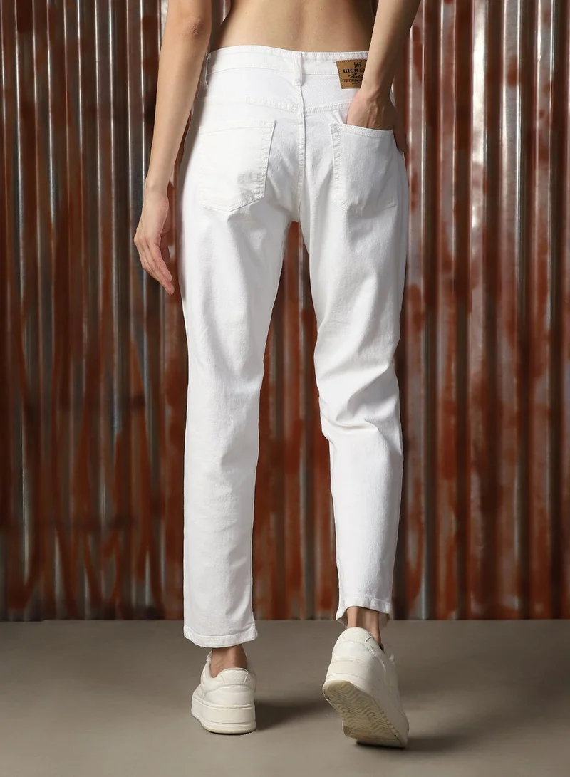 HIGH STAR Women's White 100% Cotton Distressed Jeans