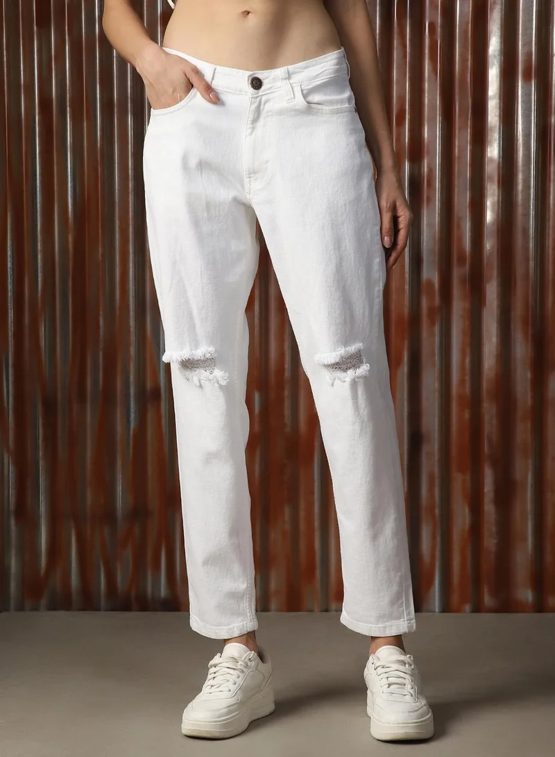 HIGH STAR Women's White 100% Cotton Distressed Jeans