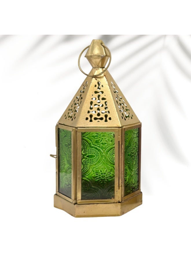 سوق ديزاينز مجموعة فوانيس سداسية عربية من سوق ديزاينز، 3 قطع - فوانيس رمضانية مزخرفة، بنمط مغربي، معدن ذهبي، بألوان الأزرق السماوي والبنفسجي والأخضر، لتزيين الاحتفالات. - Image 4