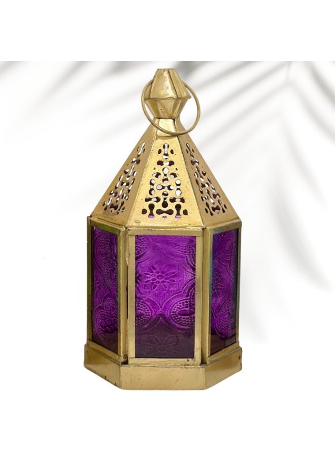 سوق ديزاينز مجموعة فوانيس سداسية عربية من سوق ديزاينز، 3 قطع - فوانيس رمضانية مزخرفة، بنمط مغربي، معدن ذهبي، بألوان الأزرق السماوي والبنفسجي والأخضر، لتزيين الاحتفالات. - Image 5