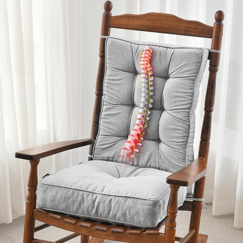 SUNROX Memory Foam Non Slip Rocking Chair Cushion FadeShield Water Resistant Thicken Durable Tufted Pads Set of Seat Back Cushion with Ties for IndoorOutdoor Rocker 2 Piece Heather Grey