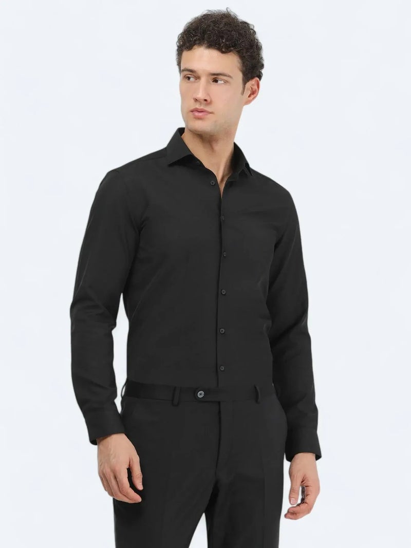Kip Black Plain Regular Fit Weaving Classical Cotton Blended Shirt - Image 1