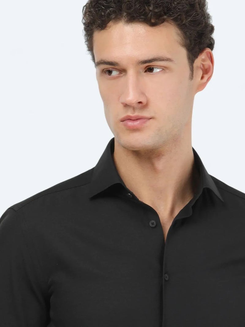Kip Black Plain Regular Fit Weaving Classical Cotton Blended Shirt - Image 3