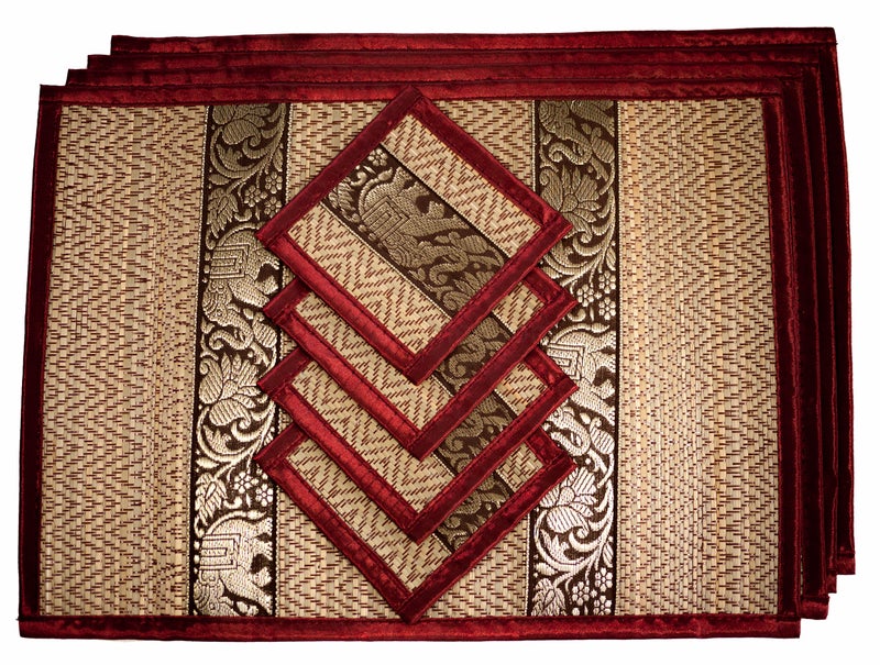 HandWoven Wicker Reed Placemats Coaster Set EcoFriendly Alternative to Plastic Heat Resistant Thai Style Durable Easy to Clean for Dining Table Set of 4 Medium Burgundy