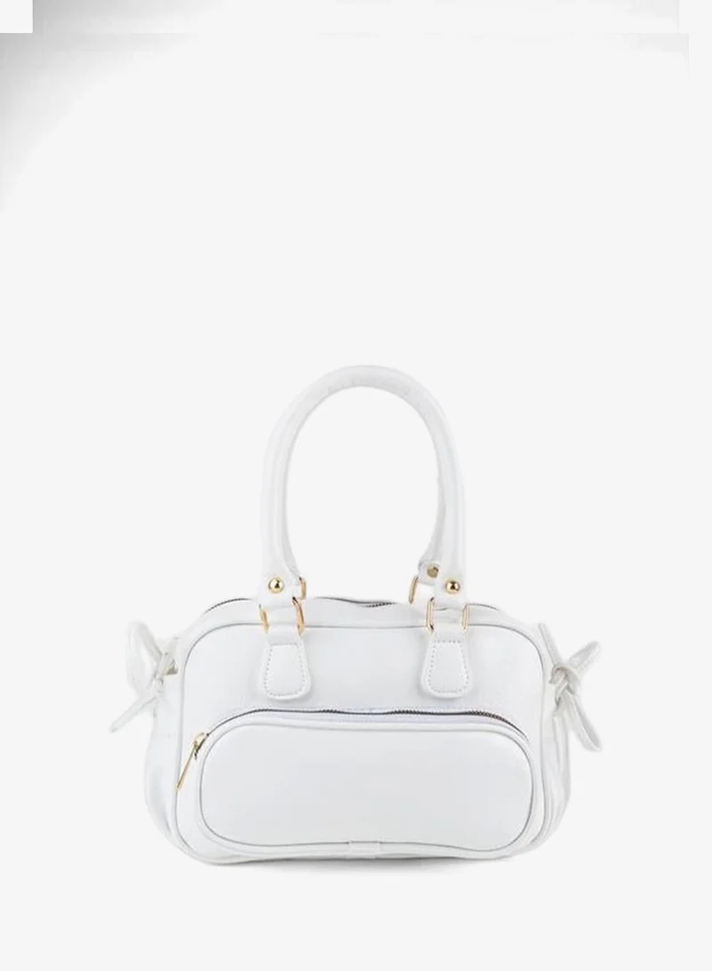 Women's Mila White Crinkled Glossy Faux Leather Zipper Closure Strap Hand, Wrist and Shoulder Bag.