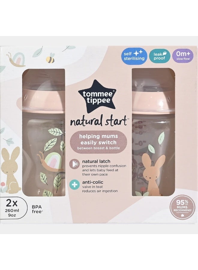 tommee tippee Natural Start Baby Feeding Bottles Slow Flow Breast Like Teats Anti Colic Valve Soft Silicone Nipple 0M+ 2X260 ML Pink - Image 2