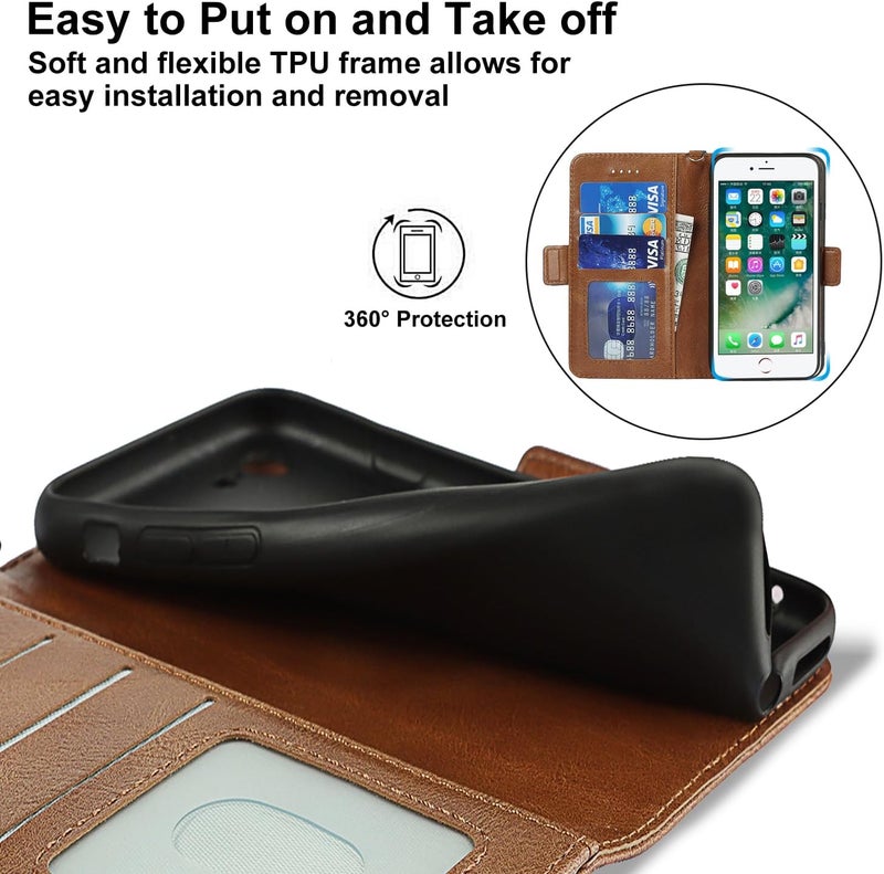 iCoverCase for iPhone 7/8/SE(2022)/SE(2020) Case, PU Leather Wallet Case with Wrist Strap Card Holder Shockproof Flip Cover Case - Light Brown - Image 4