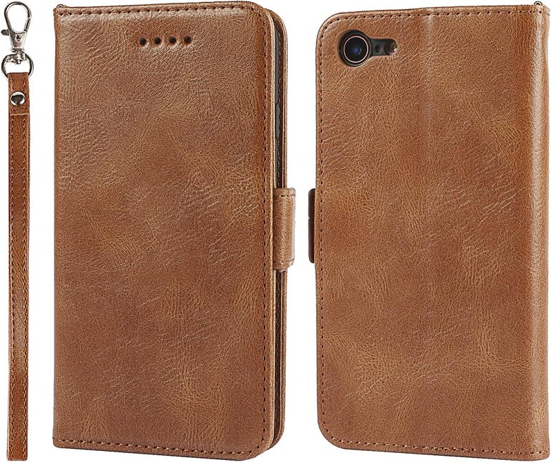 iCoverCase for iPhone 7/8/SE(2022)/SE(2020) Case, PU Leather Wallet Case with Wrist Strap Card Holder Shockproof Flip Cover Case - Light Brown - Image 2