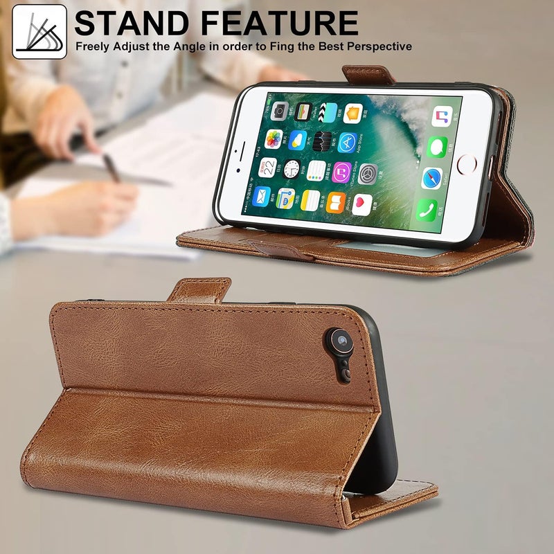 iCoverCase for iPhone 7/8/SE(2022)/SE(2020) Case, PU Leather Wallet Case with Wrist Strap Card Holder Shockproof Flip Cover Case - Light Brown - Image 5