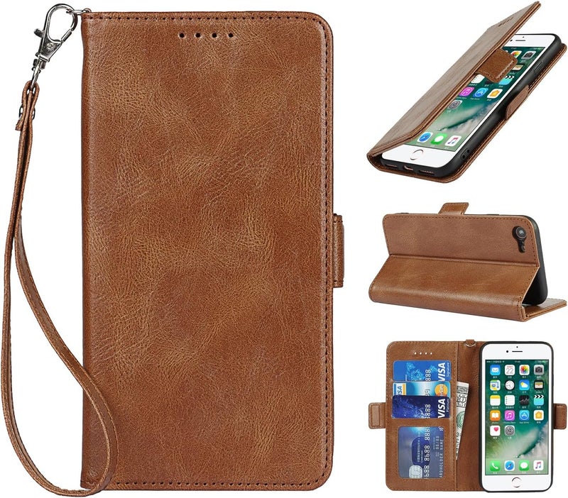 iCoverCase for iPhone 7/8/SE(2022)/SE(2020) Case, PU Leather Wallet Case with Wrist Strap Card Holder Shockproof Flip Cover Case - Light Brown - Image 1
