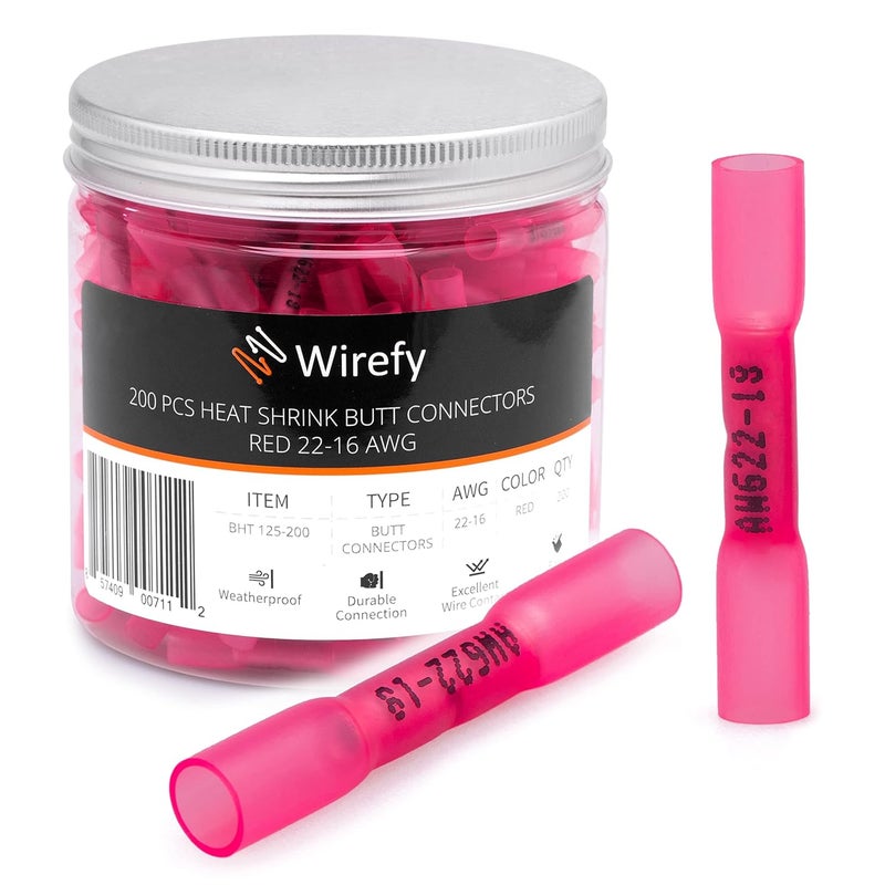 Wirefy 200 Wire Connectors - Wire Butt Connectors Heat Shrink - Heat Shrink Crimp Connector for Wiring - Electric Marine Grade Connector Waterproof Butt Splice Electrical Kit - Image 1