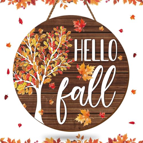 Whaline Hello Fall Wooden Hanging Sign Maple Tree Front Door Sign Autumn Thanksgiving Welcome Signs for Harvest Indoor Outdoor Home Porch Wall Decor - Image 1