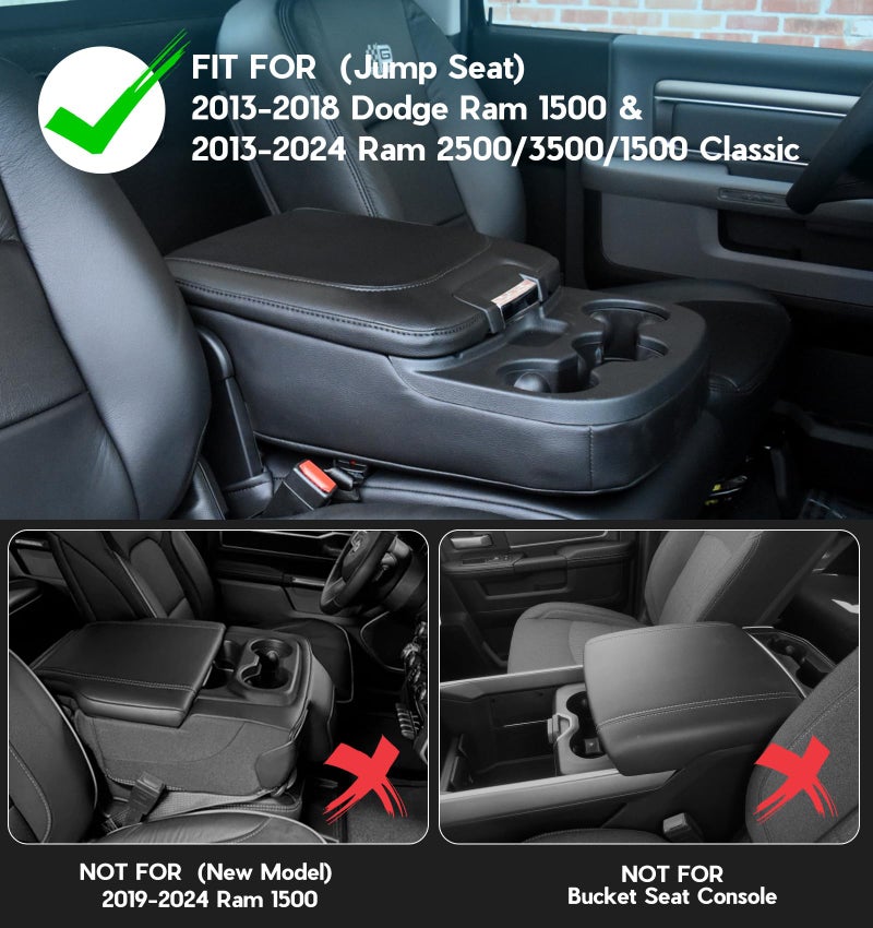 Sinvanho Center Console Cover for 2013-2018 Ram 1500 & 2013-2024 Dodge Ram 2500/3500/1500 Classic Model, PU Leather Armrest Cover Middle Console Cover Accessories with Hidden Pockets, Jump Seat Only - Image 2