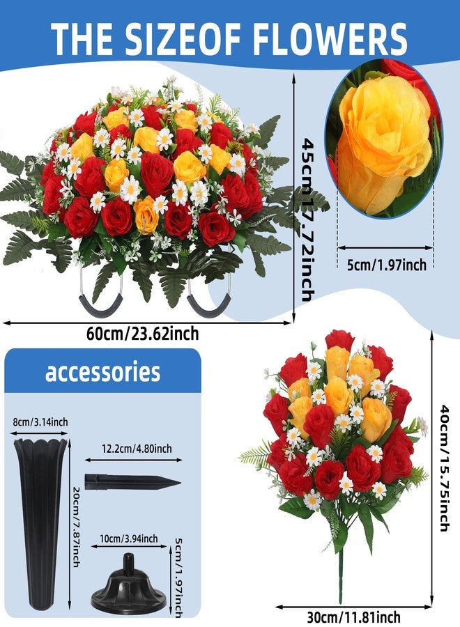 Wocst Headstone Flower Saddle,Large Artificial Cemetery Flowers for Grave 2Pack Artificial Silk Roses Daisy Bouquets with Cemetery Vases for Outdoor Grave Decorations (Red Yellow) - Image 3