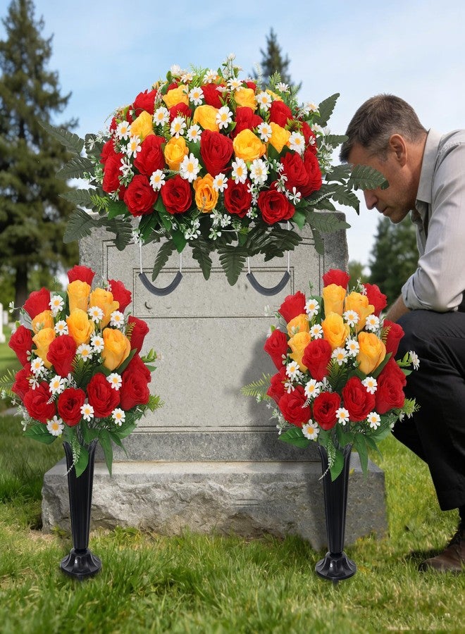Wocst Headstone Flower Saddle,Large Artificial Cemetery Flowers for Grave 2Pack Artificial Silk Roses Daisy Bouquets with Cemetery Vases for Outdoor Grave Decorations (Red Yellow) - Image 2