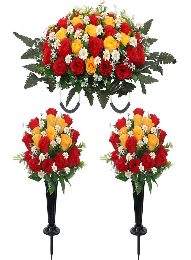 Wocst Headstone Flower Saddle,Large Artificial Cemetery Flowers for Grave 2Pack Artificial Silk Roses Daisy Bouquets with Cemetery Vases for Outdoor Grave Decorations (Red Yellow) - Image 1