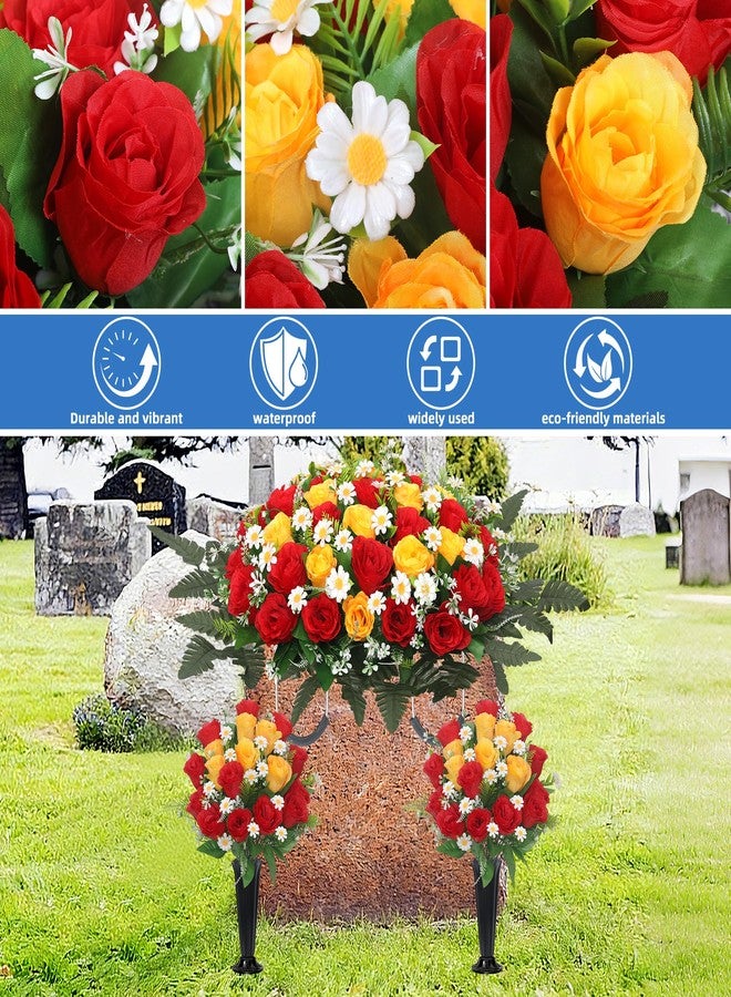 Wocst Headstone Flower Saddle,Large Artificial Cemetery Flowers for Grave 2Pack Artificial Silk Roses Daisy Bouquets with Cemetery Vases for Outdoor Grave Decorations (Red Yellow) - Image 4
